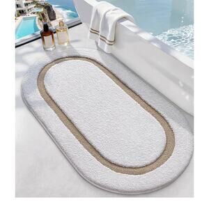 LUMI Bath Mat Oval Bathroom Rug, 24"x36" Non Slip Washable  White and Khaki